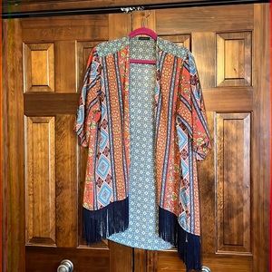 Multi Color/Multi print fringed open front kimono